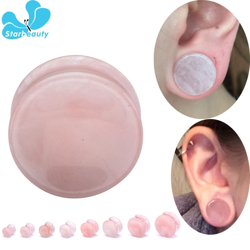 Body Jewelry Gauge Sizes - 2Pc Pink Quartz Organic Stone Flesh