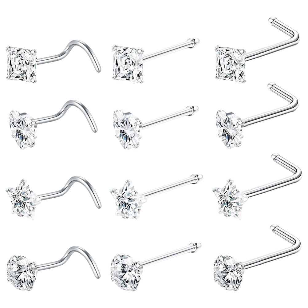 12Pcs Nose Studs Stylish L Sha - Body Jewelry For Sensitive Skin ulasan dan harga